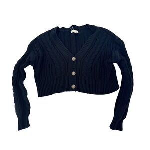 Aeropostale Cropped Cardigan Sweater Womens XS Black Cable Knit V-Neck Button Up